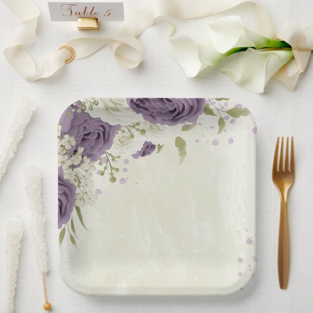 Plato De Papel boda de flores blancas malvas (Boda)