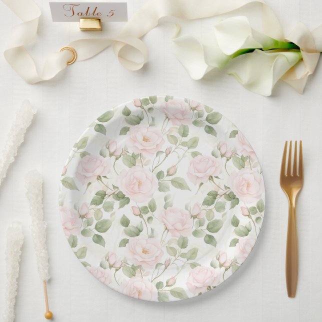 Plato De Papel Boda de flores blancas rosas sonrosadas (Boda)
