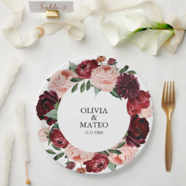 Plato De Papel Boda de flores de Borgoña Personalizado