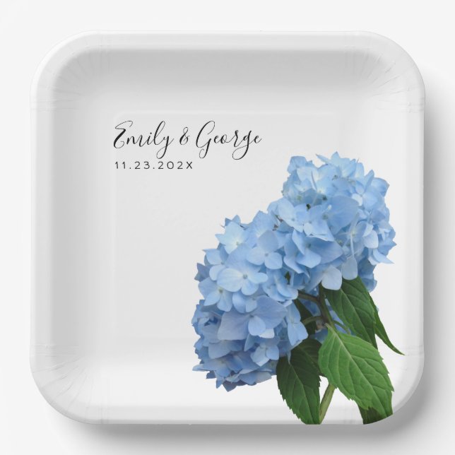 Plato De Papel Boda de flores de hidrangea azul personalizado (Anverso)