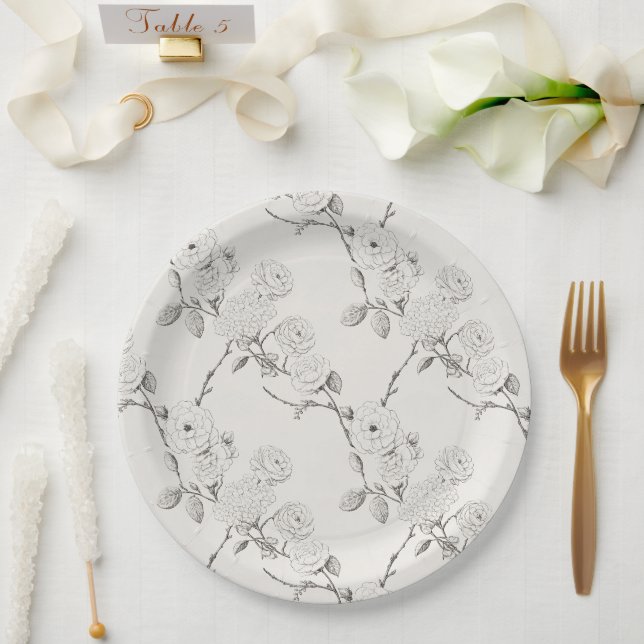 Plato De Papel Boda de flores de otoño negras crema plateada  (Boda)