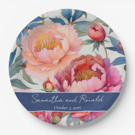 Plato De Papel Boda de flores de peonía de acuarela elegante