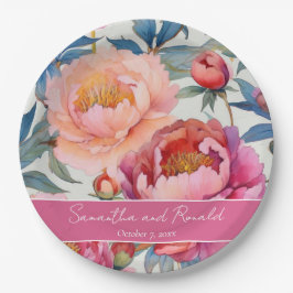 Plato De Papel Boda de flores de peonía en acuarela elegante