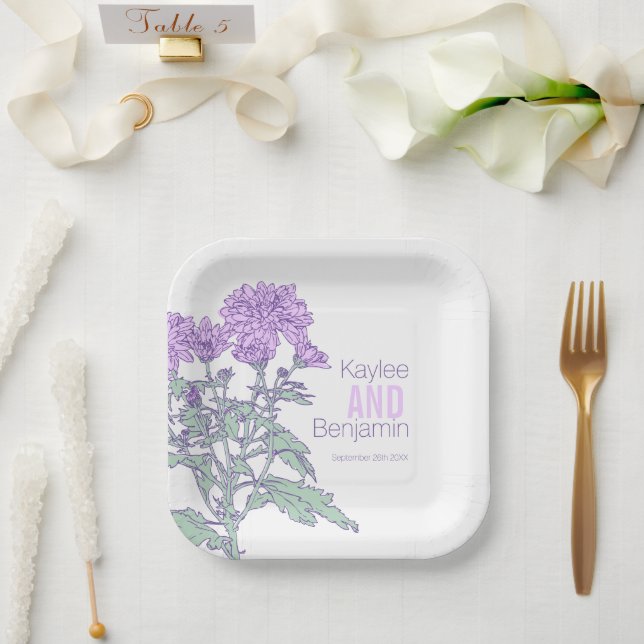 Plato De Papel Boda de flores moradas de crisantemo (Boda)