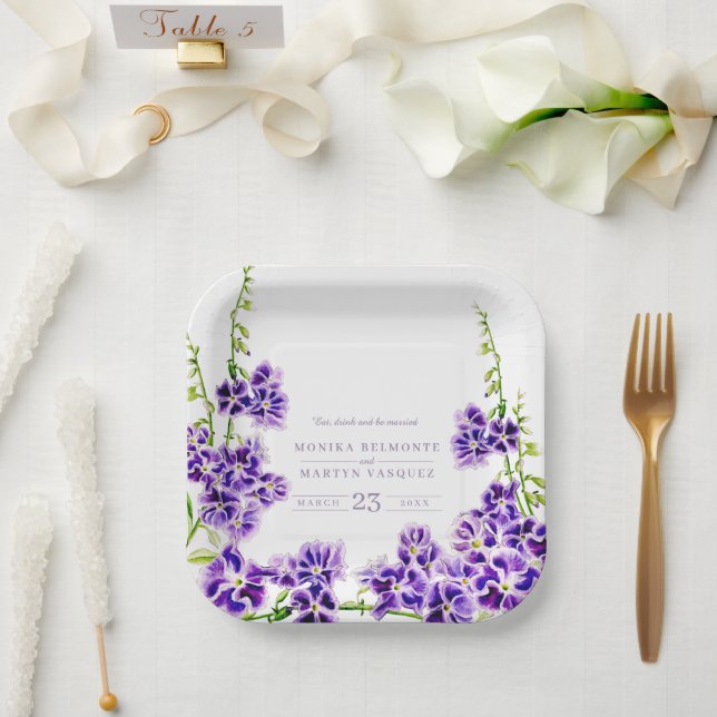 Plato De Papel Boda de flores morado duranta acuarela (Boda)