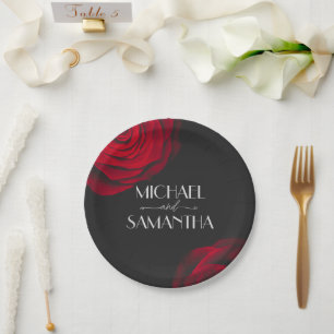 Plato De Papel Boda de flores pétalas rojas de escarlata vintage