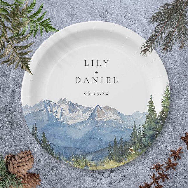 Plato De Papel Boda de flores silvestres de montaña con acuarela  (Modern Watercolor Mountain Wildflower Wedding Paper Plates)