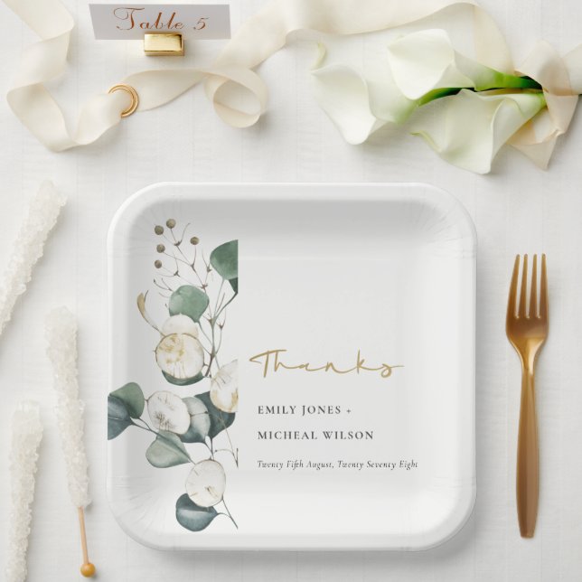 Plato De Papel Boda de follaje de eucalipto verde rubio (Boda)