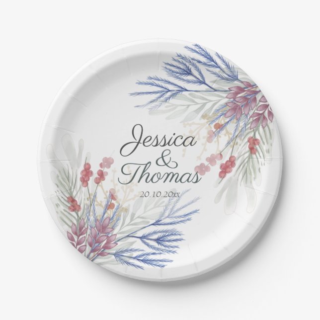 Plato De Papel Boda de follaje de invierno con acuarela (Anverso)