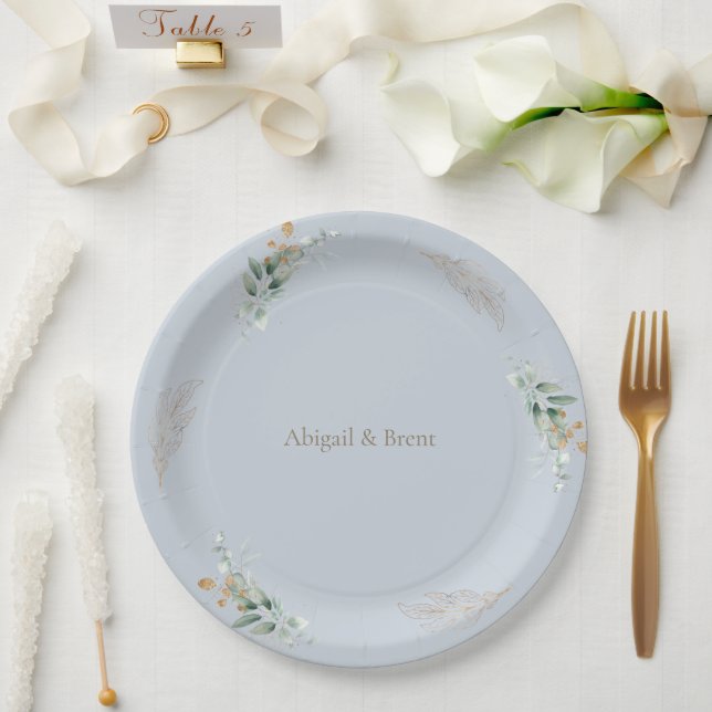 Plato De Papel Boda de follaje personalizado Dusty Blue & Gold (Boda)