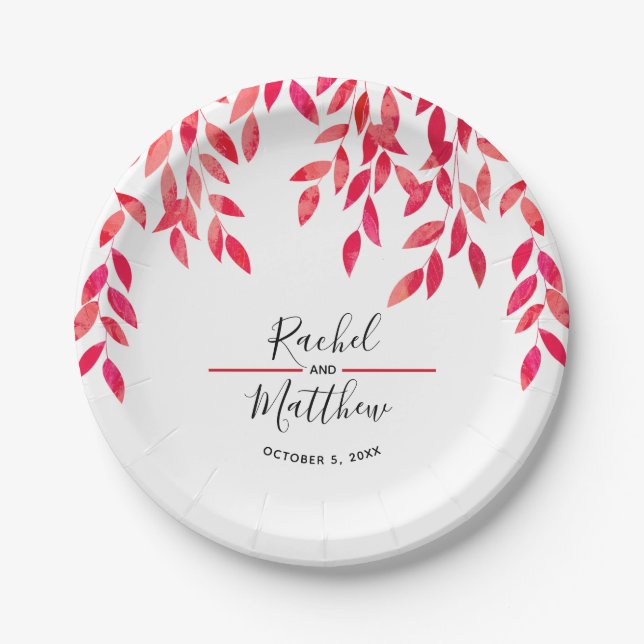Plato De Papel Boda de follaje rosado caliente (Anverso)