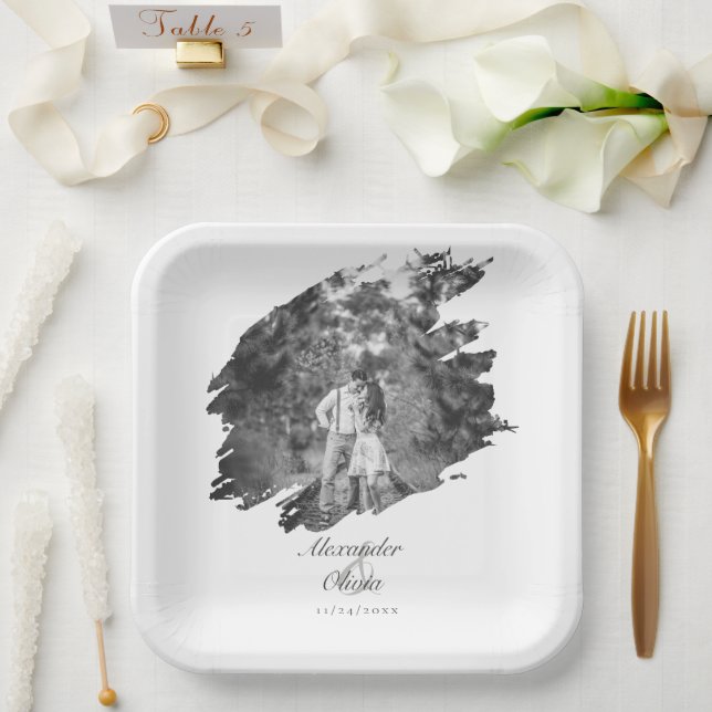 Plato De Papel Boda de Foto con Pinceladas Modernas | Blanco (Boda)