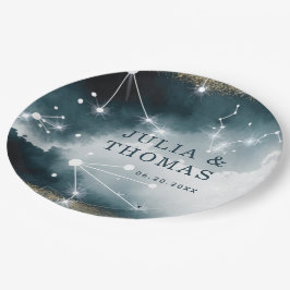 Plato De Papel Boda de Galaxy Personalizado Blue Gold Stars