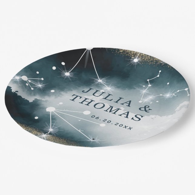 Plato De Papel Boda de Galaxy Personalizado Blue Gold Stars (Angular)
