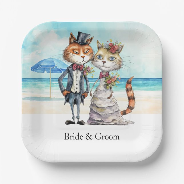 Plato De Papel Boda de Gatos Boda de Playa Temática (Anverso)