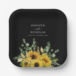 Plato De Papel Boda de girasol floral negro moderno