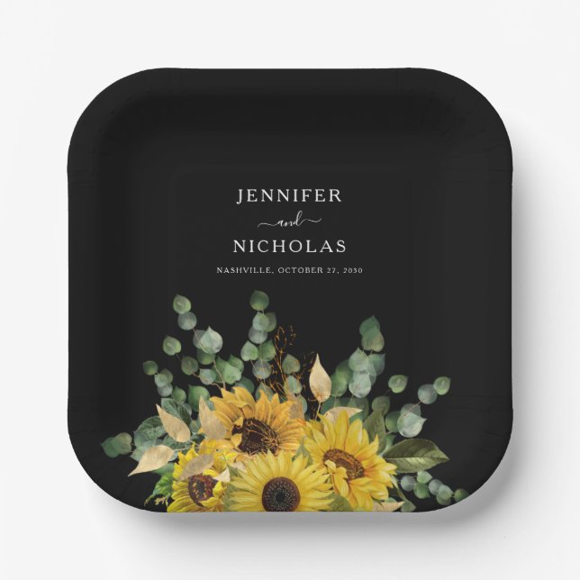 Plato De Papel Boda de girasol floral negro moderno (Anverso)