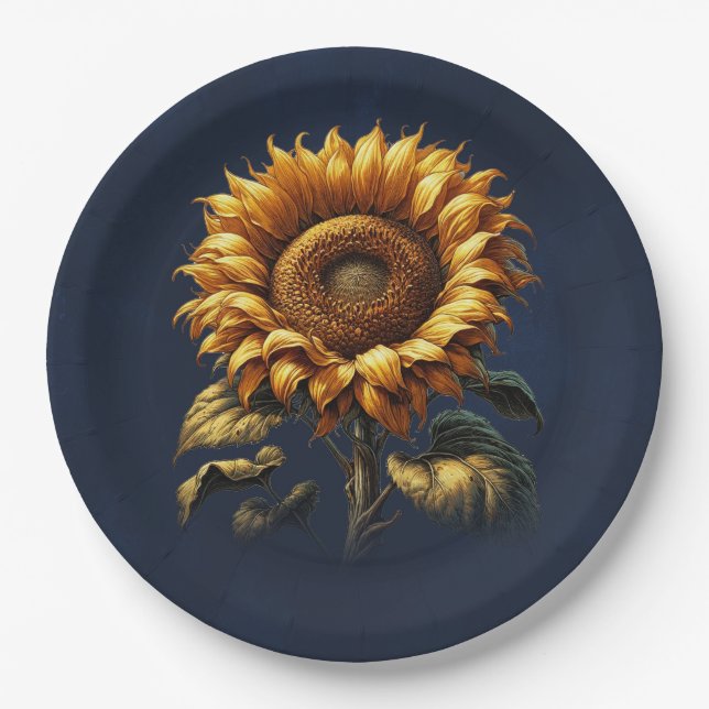 Plato De Papel Boda de girasol ruso azul ducha de novia (Anverso)