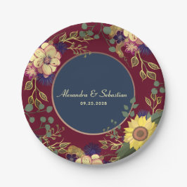 Plato De Papel Boda de Girasoles Burgundy de la Marina