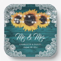 Boda de girasoles de encaje de madera rústica turq