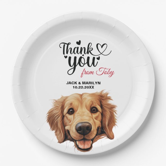 Plato De Papel Boda de Golden Retriever Gracias (Anverso)