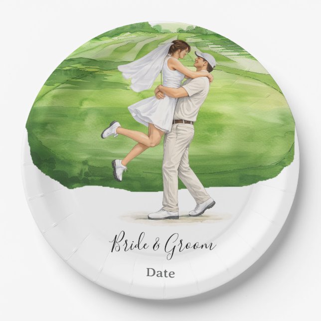 Plato De Papel Boda de golf Birde y novio en Green de Putting (Anverso)