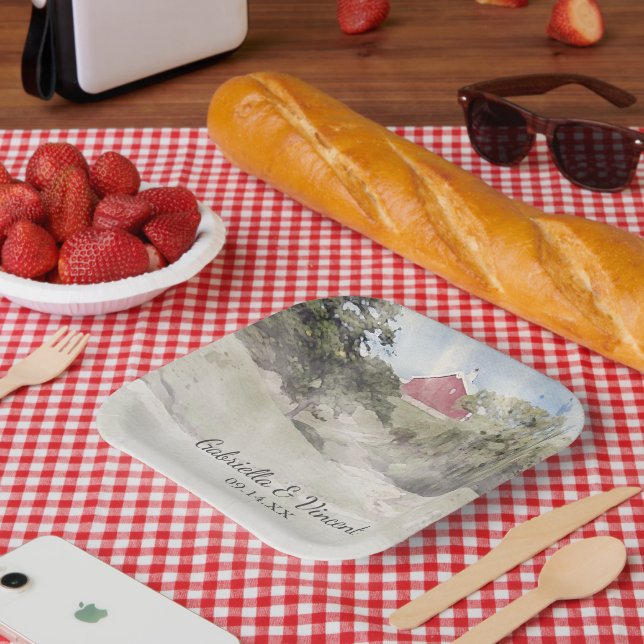 Plato De Papel Boda de Granja de Campo Rojo en Hillside (Picnic)