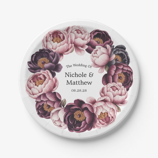Plato De Papel Boda de guerra de Rubor y Plum Peony (Anverso)