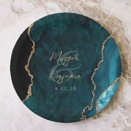 Plato De Papel Boda de guión de oro del Agate azul verde azulado