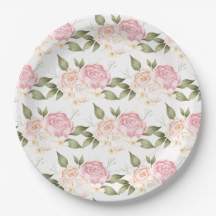 Plato De Papel Boda de guiones de color de agua rosa y floral rom
