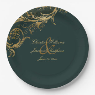 Plato De Papel Boda de guiones de Damasco Floral Vintage Green Go