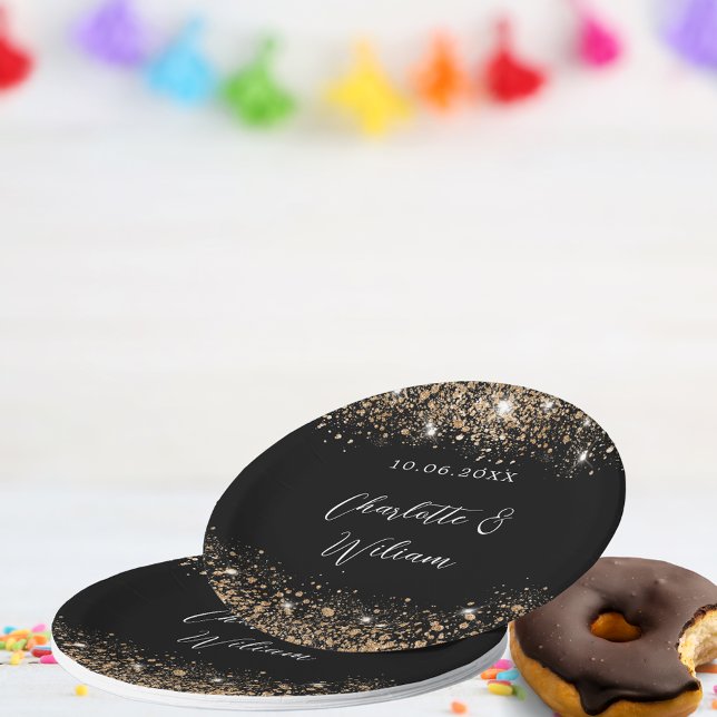 Plato De Papel Boda de guiones de purpurina de oro negro (Subido por el creador)