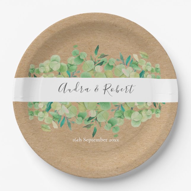 Plato De Papel Boda de guirnalda de eucalipto verde rústico (Anverso)