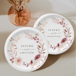 Plato De Papel Boda de guirnalda floral de color de agua de color<br><div class="desc">Este plato de papel boda presenta una flor acuarela de dahlia,  rosa de jardín,  peonía y amapola en rojo burdeos,  marrón,  rosa rubí sobre hojas de otoño. Para una personalización más avanzada de este diseño,  haga clic en el BOTÓN HERRAMIENTA DE DISEÑO AZUL. También están disponibles los elementos coincidentes.</div>