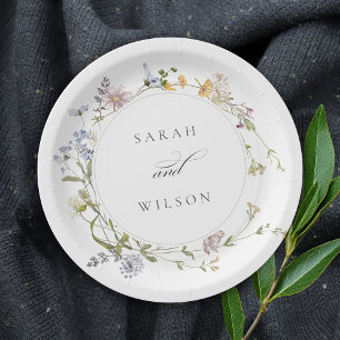 Plato De Papel Boda de guirnalda floral de pradera amarilla suave