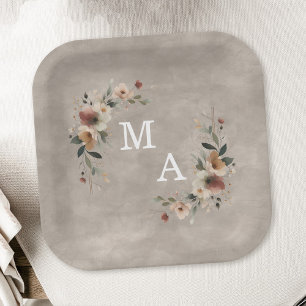 Plato De Papel Boda de guirnaldas florales bohemias beis monogram