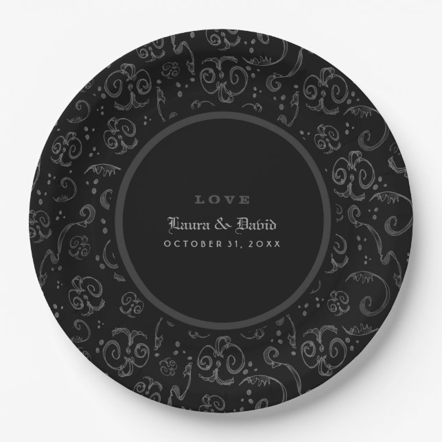 Plato De Papel Boda de Halloween Gris y Blanco Negro (Anverso)