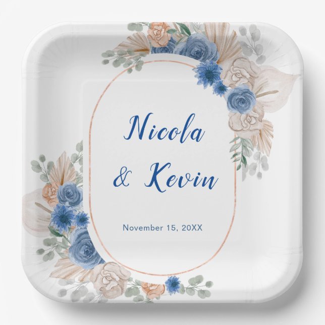 Plato De Papel Boda de hierba de Pampas azul boho (Anverso)