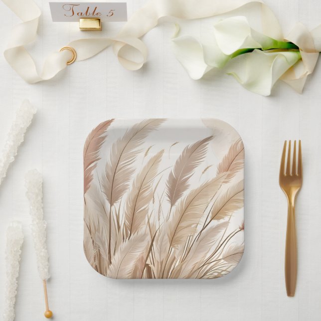 Plato De Papel Boda de hierba de Pampas beige boho (Boda)