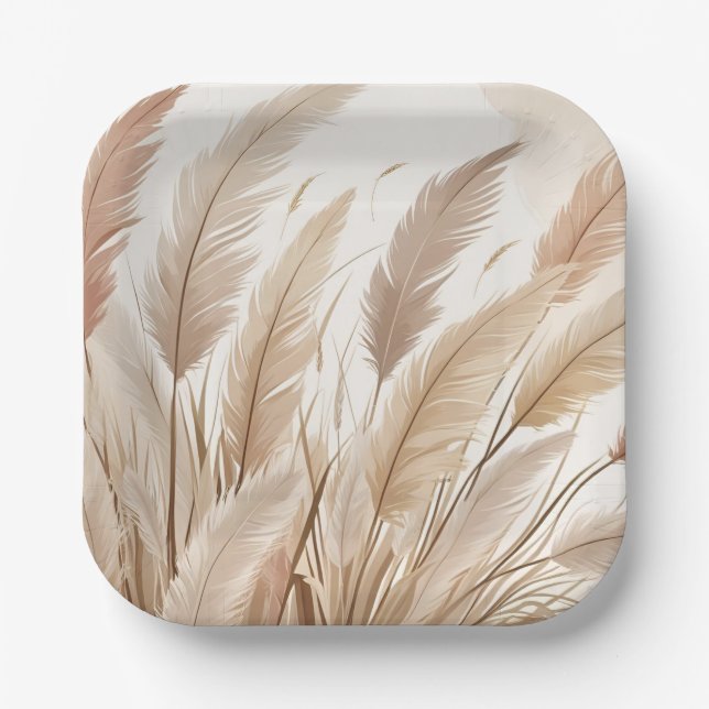 Plato De Papel Boda de hierba de Pampas beige boho (Anverso)