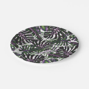 Plato De Papel Boda de hojas de palma tropicales púrpura y verde