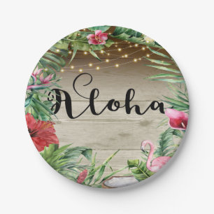 Plato De Papel Boda de hojas florales y luces de madera tropical