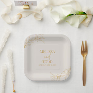 Plato De Papel Boda de hojas Minimalistas mínimas de rama de oro