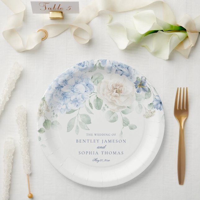 Plato De Papel Boda de Hydrangea Floral Azulada (Boda)