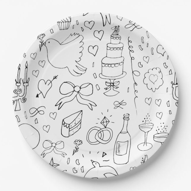 Plato De Papel Boda de Ilustraciones Doodle en blanco y negro (Anverso)