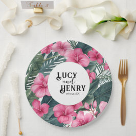 Plato De Papel Boda de impresión floral de vacaciones rosadas tro