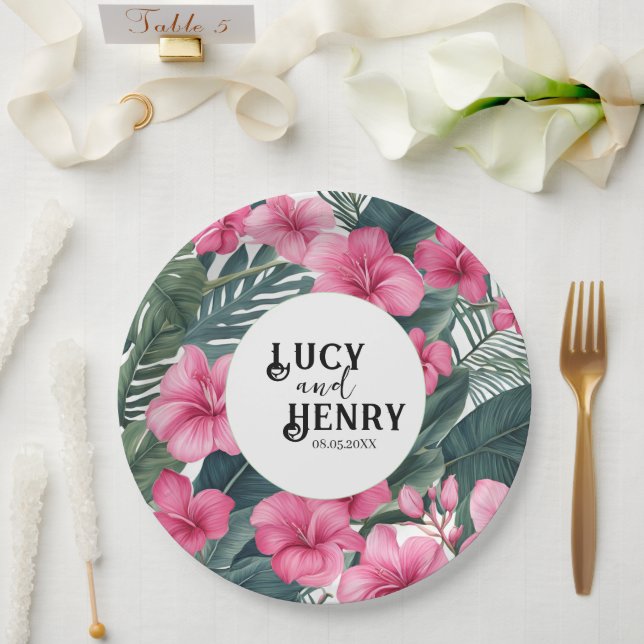 Plato De Papel Boda de impresión floral de vacaciones rosadas tro (Boda)