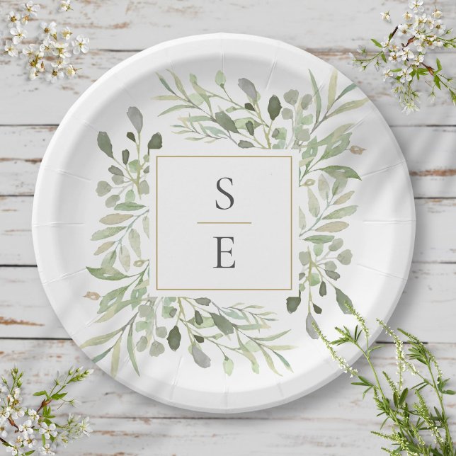 Plato De Papel Boda de Iniciales del Monograma de Foliage de Verd (Greenery Foliage Monogram Initials Wedding Paper Plates)