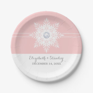 Plato De Papel Boda de invierno blanca y rosa con copo de nieve m