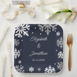 Plato De Papel Boda de invierno con copas de nieve azul de la mar